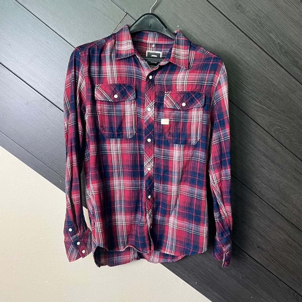 G-Star Raw Men's Plaid Snap Front Flannel Shirt Large Red Blue Workwear
